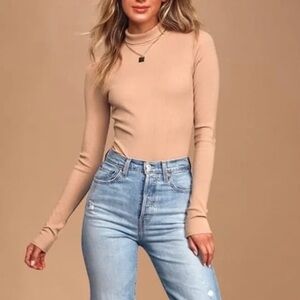 Wilde Beige Ribbed Long Sleeve Mock Neck Bodysuit
